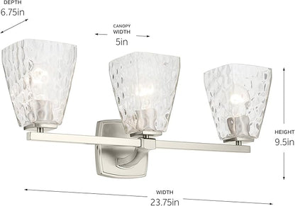 Kichler Marant 21.25" 3-Light Vanity Light with Clear Water Glass in Brushed Nickel, for Bathroom, Powder Room, Over a Mirror, (21.25" W x 9.5" H), 55216NIWTR