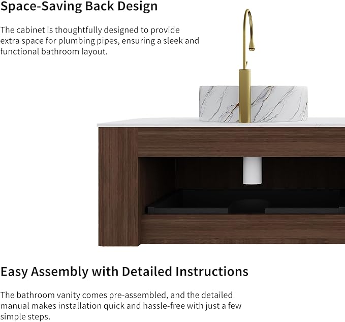 Yayzy 48” Floating Vanity with Sink, Solid Wood Fluted Cabinet, Faux Marble Top, White Ceramic Basin, Soft-Close Drawer, Pre-Assembled, Walnut Woodgrain