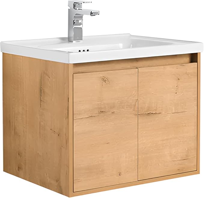 Blossom 24 Inch Classic Oak Plywood Bathroom Vanity with Ceramic Sink, Modern Wall Mounted Floating Bathroom Vanity Cabinet with Soft Close Doors and Moisture Resistant Finish
