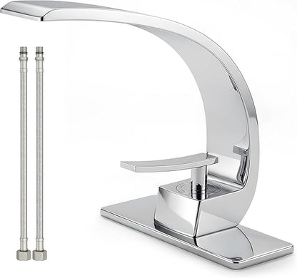 Bathroom Sink Faucet Modern Single Hole 1-Handle Faucet, Chrome Solid Brass Faucets, Mount Curved Lavatory Faucets Mixer Tap