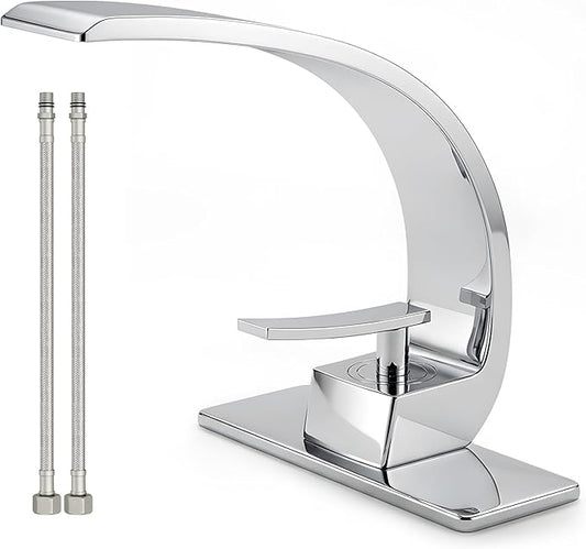 Bathroom Sink Faucet Modern Single Hole 1-Handle Faucet, Chrome Solid Brass Faucets, Mount Curved Lavatory Faucets Mixer Tap