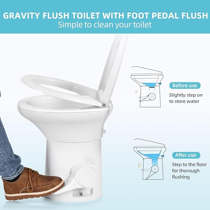 YITAMOTOR RV Toilet with Enamel Bowl, Plastic Toilet Body, Pedal Flush, Gravity Flush Toilet High Profile with Hand Sprayer and Flange for Motorhome Caravan Car Travel,White-Porcelain w Sprayer | Plastic Toilet Body, Pedal Flush, Gravity Flush Toilet H...