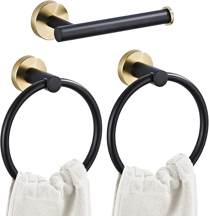 Bathroom Hardware Set 3 Piece Black&Gold Wall Mounted Stainless Steel Hardware Towel Bar Set Gold Bathroom Accessories Towel Rack Set Kit Includes 2 Hand Towel Ring, Toilet Paper Holder