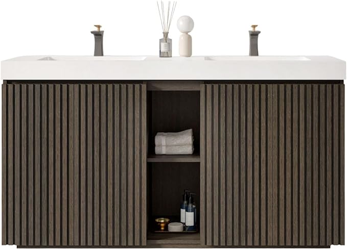60" Double Bathroom Vanity with Sink Combo, Mid Century Modern Bathroom Cabinet with Doors & Shelves, Glossy White Integrated Sink with Overflow, Dark Grey Oak