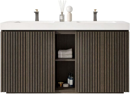 60" Double Bathroom Vanity with Sink Combo, Mid Century Modern Bathroom Cabinet with Doors & Shelves, Glossy White Integrated Sink with Overflow, Dark Grey Oak