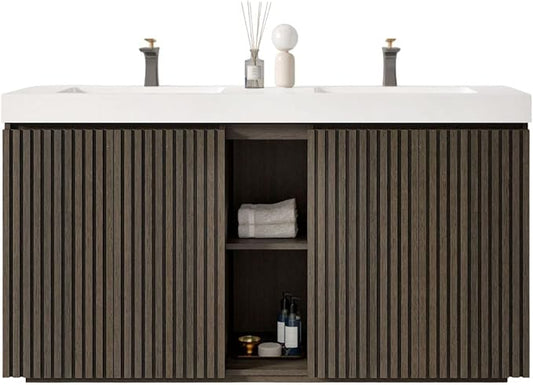 60" Double Bathroom Vanity with Sink Combo, Mid Century Modern Bathroom Cabinet with Doors & Shelves, Glossy White Integrated Sink with Overflow, Dark Grey Oak