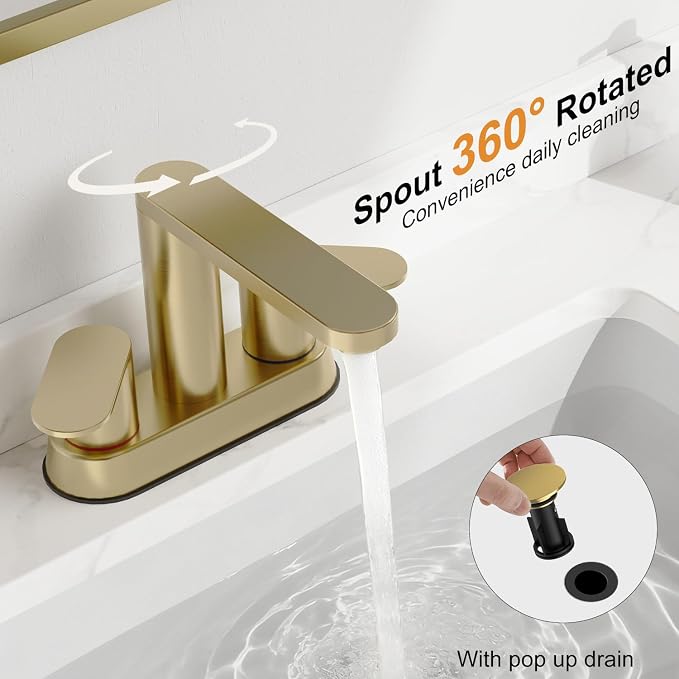 BWE Brushed Gold Bathroom Faucets 4 Inch Centerset Faucet for Bathroom Sink | 2 or 3 Hole Basin 2-Handle 360° Swivel Spout Bathroom Sink Faucet with Pop up Drain Water Supply Hose for Farmhouse Vanity RV