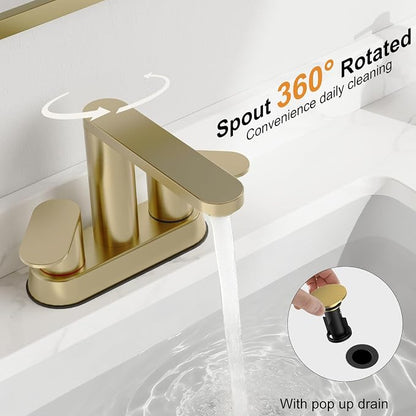 BWE Brushed Gold Bathroom Faucets 4 Inch Centerset Faucet for Bathroom Sink | 2 or 3 Hole Basin 2-Handle 360° Swivel Spout Bathroom Sink Faucet with Pop up Drain Water Supply Hose for Farmhouse Vanity RV