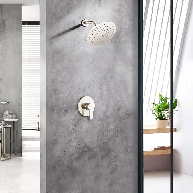 Shower Faucet Set Brushed Nickel Bathroom Rainfall Shower System Wall Mounted 8" Inch Shower Head and Handle Set Single Function Shower Trim Kit with Rough-in Valve