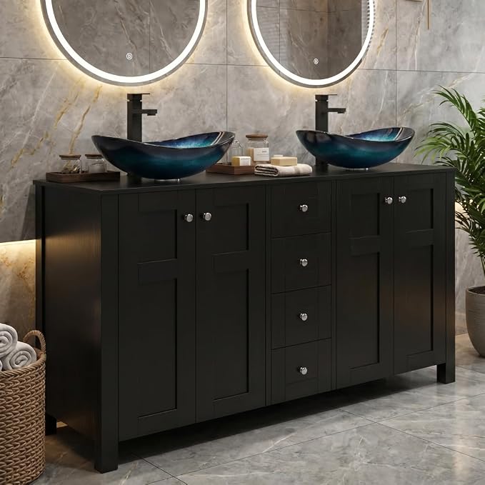 48 Inch Bathroom Vanity with Sink, Traditional Freestanding Black Bathroom Vanity Cabinet, Pedestal Cabinet with Two Boat Blue Glass Vessel Sinks