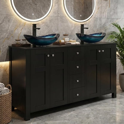 48 Inch Bathroom Vanity with Sink, Traditional Freestanding Black Bathroom Vanity Cabinet, Pedestal Cabinet with Two Boat Blue Glass Vessel Sinks