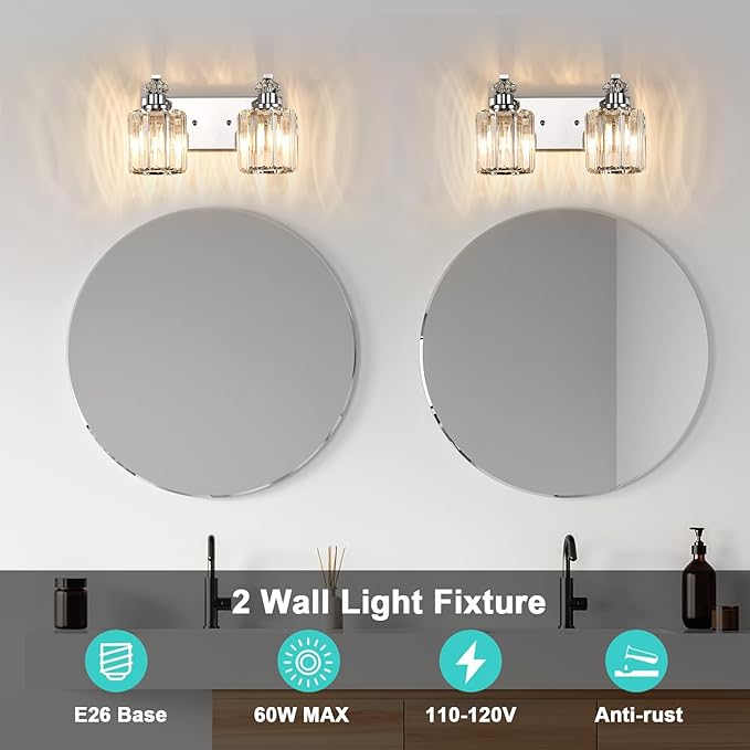 Chrome Bathroom Light Fixtures with K9 Crystal Lampshade Bathroom Lighting Over Mirror Vanity Lights for Living Room,Bedroom,Restroom,Hallway 2 Lights