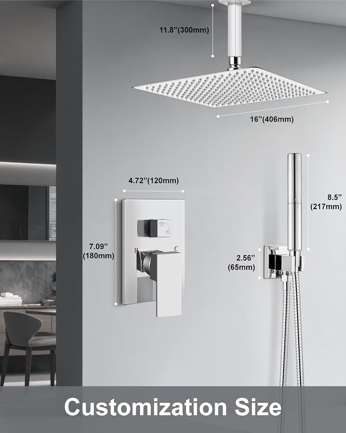 Aolemi Shower System with Rain Head and Handheld,16-Inch,Polish Chrome | High-Pressure Shower Faucet Set with Dual-Function Handheld,Rough-In Valve,1.8 GPM,Ceiling Mount Trim Kit