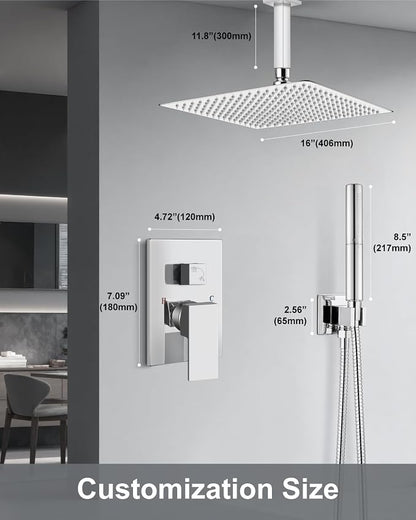 Aolemi Shower System with Rain Head and Handheld,16-Inch,Polish Chrome | High-Pressure Shower Faucet Set with Dual-Function Handheld,Rough-In Valve,1.8 GPM,Ceiling Mount Trim Kit