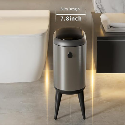 MRBIN Stainless Steel Slim Bathroom Motion Sensor Trash Can with Lid and Wheels, 13L / 3.4gal Electric Touchless Toilet Waste Basket with Legs for Narrow Vanity, Rvs, Dorm, Kitchen, Eclipse Grey