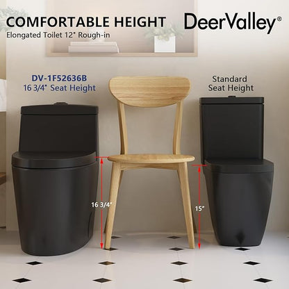 DeerValley One Piece Toilet Elongated 1.1/1.6 GPF Dual Flushing Toilets with 17" ADA Comfortable Chair Seat 12" Rough-In High-Efficiency Black Toilet DV-1F52636B