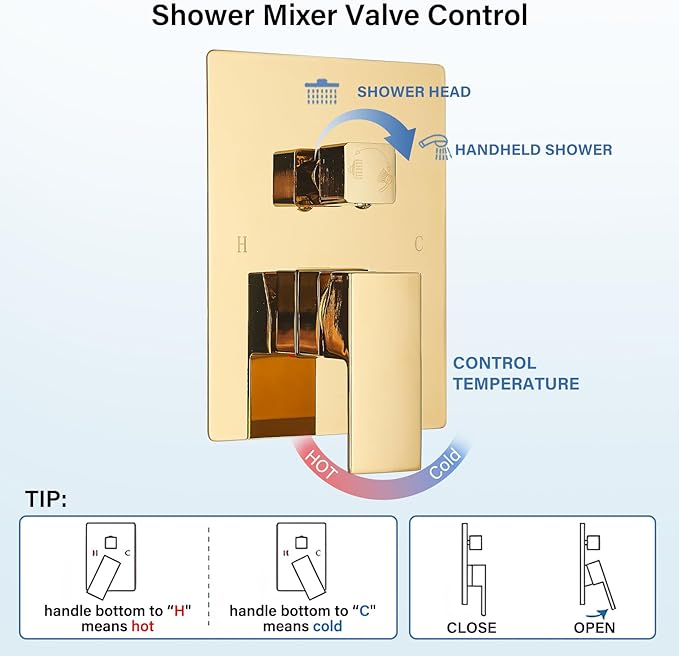 Polished Gold Shower System 12 Inch LED Square Rainfall Shower Head Ceiling Mount Shower Faucet Set with Hand Sprayer Rough-in Valve Trim Kit Bathroom Mixer Shower Combo Set