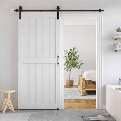 SMARTSTANDARD 36" x 84" White Sliding Barn Door with 6.6FT Black Hardware | Pre-Drilled Ready to Assemble, Waterproof PVC Coating, H-Frame