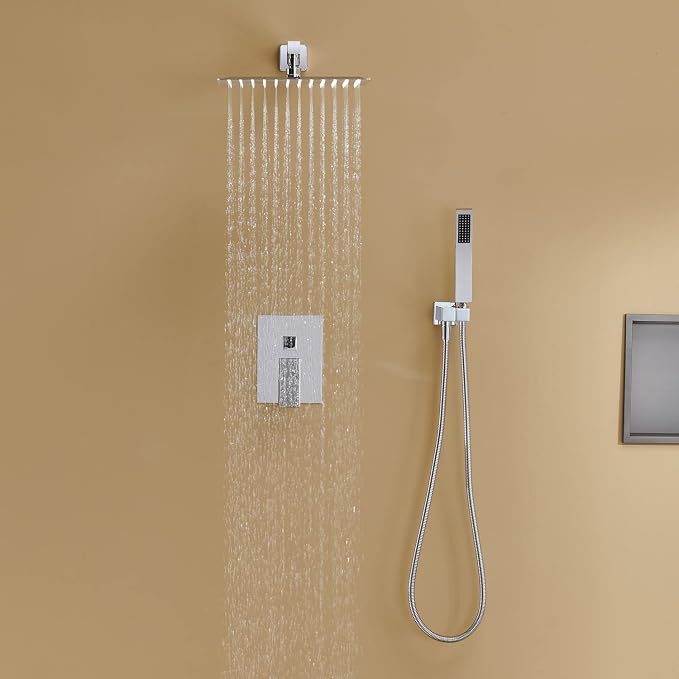 Rain Shower System 12 Inches Shower Combo Set Chrome Wall Mount Faucet Bathroom Faucets with Rainfall Shower Head and Hand Shower