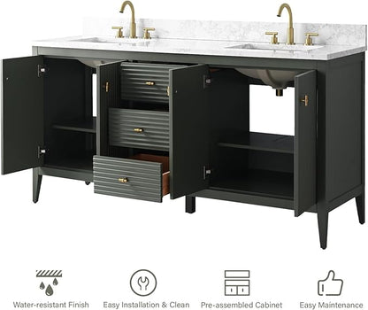 HOMEBEYOND 60" Bathroom Vanity with Double Sink, Solid Wood Bathroom Vanity Free-Standing Cabinet, Ceramic Top & Soft Closing Door, Golden Brushed Handware, Vintage Green
