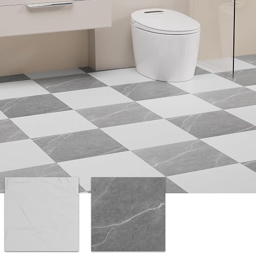 Peel and Stick Floor Tile, 30 PCS 12" x 12" Checkered Waterproof Marble Texture Luxury Vinyl Tiles, Easy DIY Self Adhesive Vinyl Flooring for Bathroom, Kitchen, Living Room, Dark Gray/White
