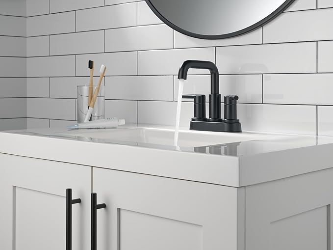 Delta Nicoli Centerset Matte Black Bathroom Faucet, 4 Inch 3 Hole Bathroom Sink Faucet for Vanity, Push-Pop Drain Assembly, Matte Black 25849LF-BL