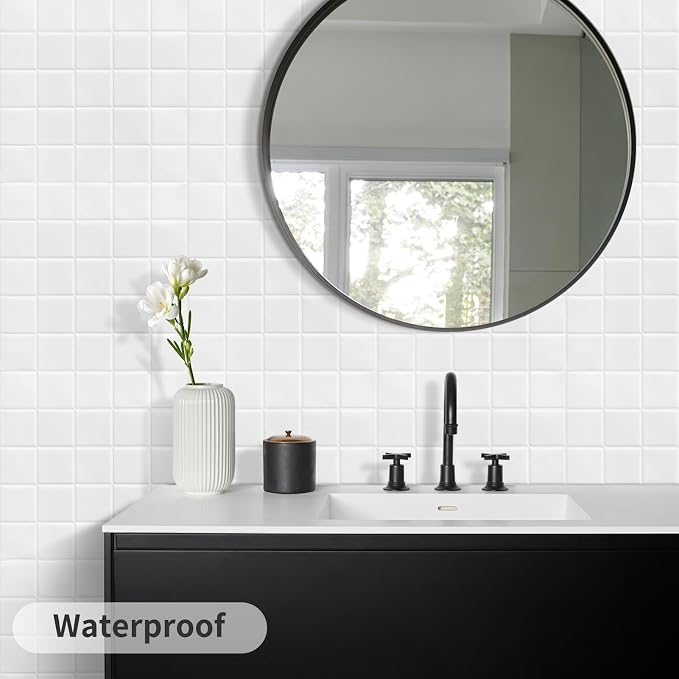 DEWOO White Peel and Stick Backsplash Self Adhesive Wall Tiles 10-Sheet | Checkered,Square,Grid,Sticky,for Kitchen,Bathroom,Laundry,Sink,12"×12"