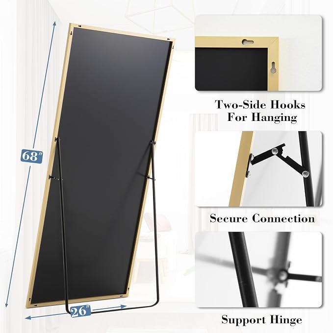 NEWBULIG Full Length Floor Mirror 68"x26", Body Standing Mirror | Wall Hanging or Leaning, Shatter-Proof Glass, Aluminum Alloy Frame with Stand, Home Decor Bedroom, Gold