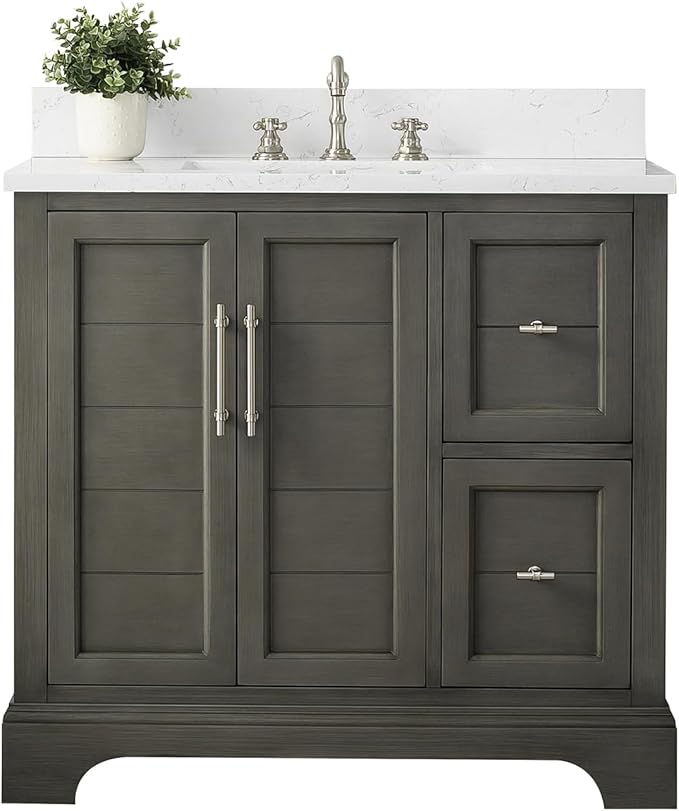 HOMEBEYOND 36 Inch Bathroom Vanity with Single Sink & Ceramic Top, Vanity Cabinet with Center Countertop Basin, Soft-Closing Doors, Backsplash,Sliver Grey