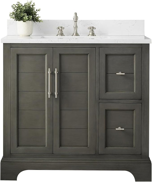 HOMEBEYOND 36 Inch Bathroom Vanity with Single Sink & Ceramic Top, Vanity Cabinet with Center Countertop Basin, Soft-Closing Doors, Backsplash,Sliver Grey