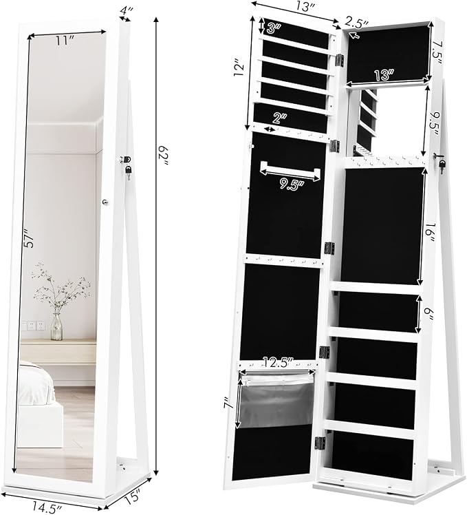 COSTWAY Standing Jewelry Cabinet, Large Capacity Jewelry Organizer w/Full-Length Mirror & Rear Storage Shelves, Lockable Mirror Jewelry Armoire with Keys for Girls Women (White)