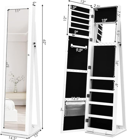 COSTWAY Standing Jewelry Cabinet, Large Capacity Jewelry Organizer w/Full-Length Mirror & Rear Storage Shelves, Lockable Mirror Jewelry Armoire with Keys for Girls Women (White)