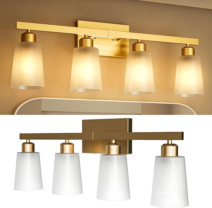 Lightdot 4 Light Bathroom Vanity Light, 26.5" Gold Bathroom Light Fixtures with Frosted Glass Waterproof Shades, Rust-Proof Modern Vanity Lights Over Mirror for Kitchen Hallway Cabinet Porch