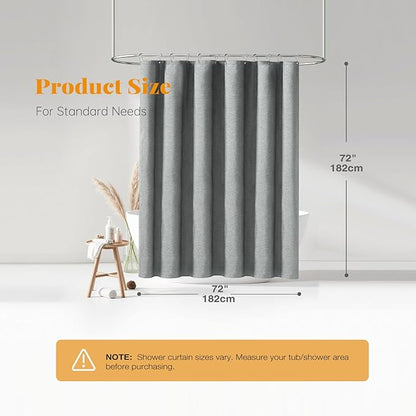 BTTN Grey Fabric Shower Curtain, 230GSM Linen Textured Heavy Duty Cloth Shower Curtain Set with Hooks, Waterproof Neutral Weighted Hotel Luxury Decorative Shower Curtains for Bathroom(Gray, W72xH72)