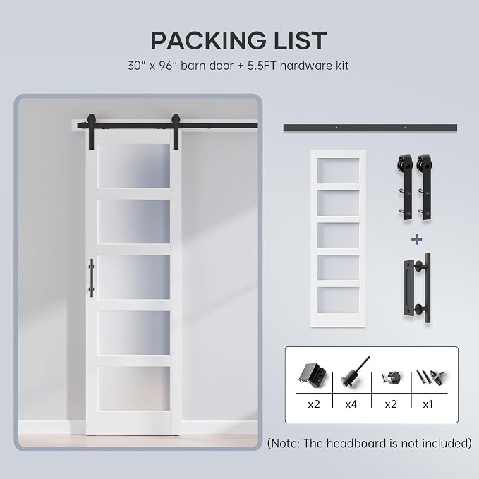 30x96 Inch Glass Sliding Barn Door Slab and 5.5ft Hardware Kit Included, 5 Frosted Glass, LVL Wood Panel Covered with White Water-Proof Scratch-Proof PVC Surface, Simple DIY Assembly