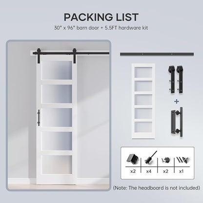30x96 Inch Glass Sliding Barn Door Slab and 5.5ft Hardware Kit Included, 5 Frosted Glass, LVL Wood Panel Covered with White Water-Proof Scratch-Proof PVC Surface, Simple DIY Assembly