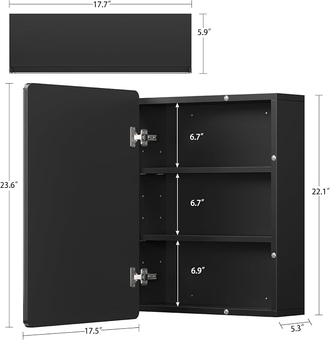 Medicine Cabinet Mirror with 2 Adjustable Shelves, Bathroom Mirror with Storage, Recessed or Wall Mount Bathroom Cabinet, Black UNGGX004H