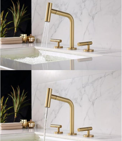 3 Hole Basin Faucets Pull Out Basin Mixer Faucet Brushed Gold Brass Bathroom Mixer Faucet Dual Mode-Brushed Gold