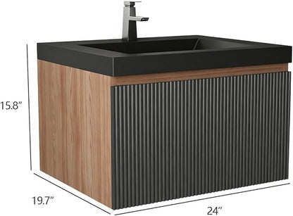 24 Inch Floating Bathroom Vanity with Sink, Wall Mounted Striped Storage Cabinet, Soft Close Drawer, Black Quartz Sand Basin, Fully Assembled, Smoked Walnut Finish