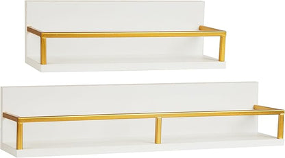 Mind Reader Floating Shelves, Wall-Mounted Office Organizers, Modern MDF Display Storage with Metal Rail, Metal. MDF, Set of 2, White