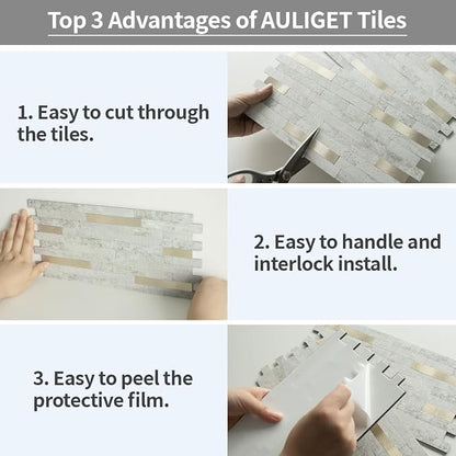 AULIGET 2 Sheets Faux Stone Peel and Stick Backsplash, Beige Stone Look PVC Wall Tile Stick on Backsplash for Kitchen and Bathroom