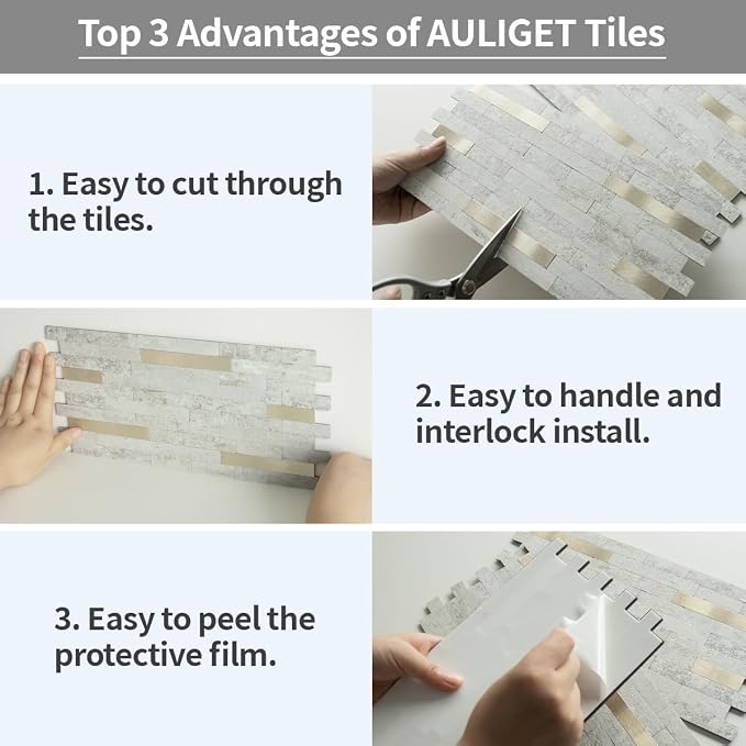 AULIGET 20 Sheets Faux Stone Peel and Stick Backsplash, Beige Stone Look PVC Wall Tile Stick on Backsplash for Kitchen and Bathroom