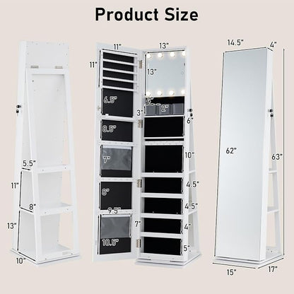 CHARMAID Swivel Jewelry Armoire with Full-Length Mirror & Lighted Makeup Mirror, 360° Rotating Jewelry Cabinet Organizer for Earrings, Rings, Necklaces, Bracelets, Back Storage Shelves (White)