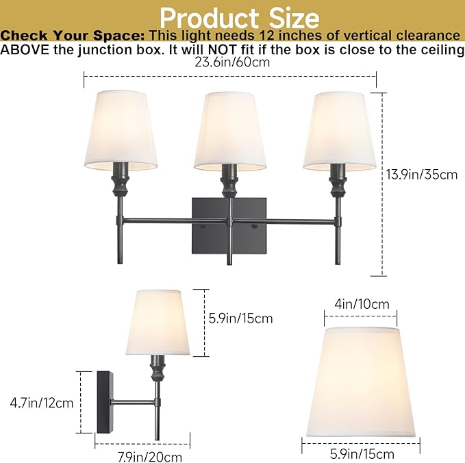 Vanity Lights For Bathroom,23.6 In Black Bathroom Light Fixtures Over Mirror,Vintage 3-Light Vanity Light With Flared White Fabric Lampshade For Bedroom,Hardwired Hallway Sconce Light,E12 Base