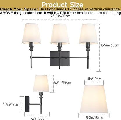 Vanity Lights For Bathroom,23.6 In Black Bathroom Light Fixtures Over Mirror,Vintage 3-Light Vanity Light With Flared White Fabric Lampshade For Bedroom,Hardwired Hallway Sconce Light,E12 Base