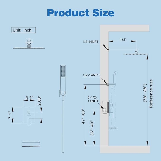 Matte Black Shower System with Tub Spout and 12-Inch Shower Head | All Metal BathTub Shower Faucet Set, Wall Mounted Bathroom Rain shower head and handheld set with Valve and Trim Kit