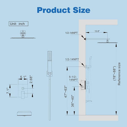 Matte Black Shower System with Tub Spout and 12-Inch Shower Head | All Metal BathTub Shower Faucet Set, Wall Mounted Bathroom Rain shower head and handheld set with Valve and Trim Kit