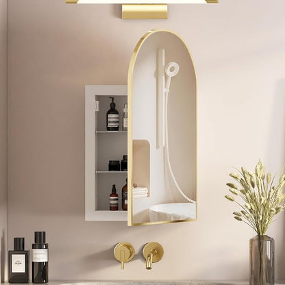 Recessed Medicine Cabinet for Bathroom,Brushed Gold Arched Medicine Cabinet with Mirror,Arch Mirrored Medicine Cabinets Recessed,Bathroom Mirror with Storage,Open from Left to Right 16x26