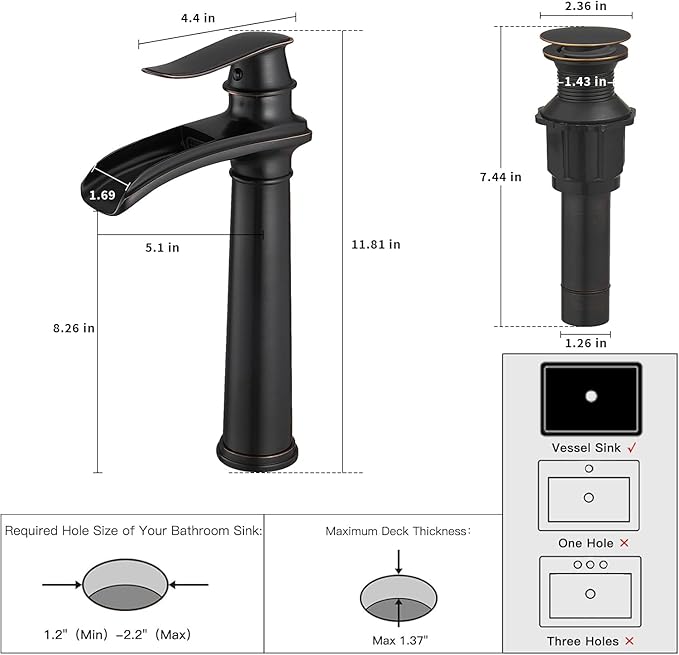 BWE Bathroom Vessel Sink Faucet Waterfall Spout Single Handle One Hole Oil Rubbed Bronze Tall Vessel Lavatory Vanity Faucet with Pop Up Drain Assembly and Supply Hose