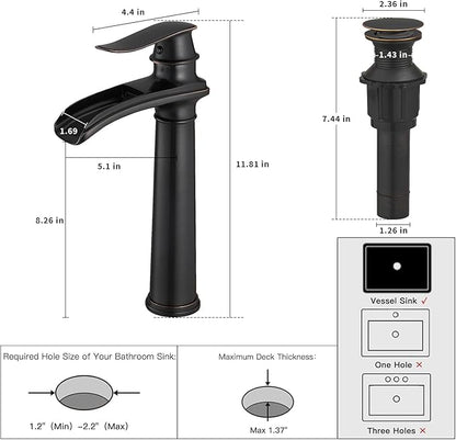 BWE Bathroom Vessel Sink Faucet Waterfall Spout Single Handle One Hole Oil Rubbed Bronze Tall Vessel Lavatory Vanity Faucet with Pop Up Drain Assembly and Supply Hose